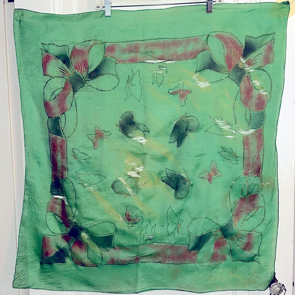 Vtg‎ Brico  5 1/2 Momme green silk artsilk scarf painted with butterflies- AS IS